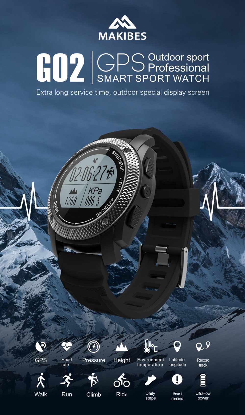 Makibes G02 Smart Sport Watch Heart Rate Monitor Pressure/Temperature Measurement Outdoor GPS Fitness Tracker - Black