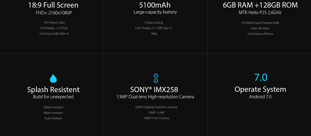 [HK Stock]UMIDIGI S2 Pro 6.0 Inch 4G LTE Smartphone FHD+ Screen  Helio P25 Octa Core 6GB 128GB 13.0MP+5.0MP Dual Rear Cameras Android 7.0 OS 5100mAh Touch ID - Black