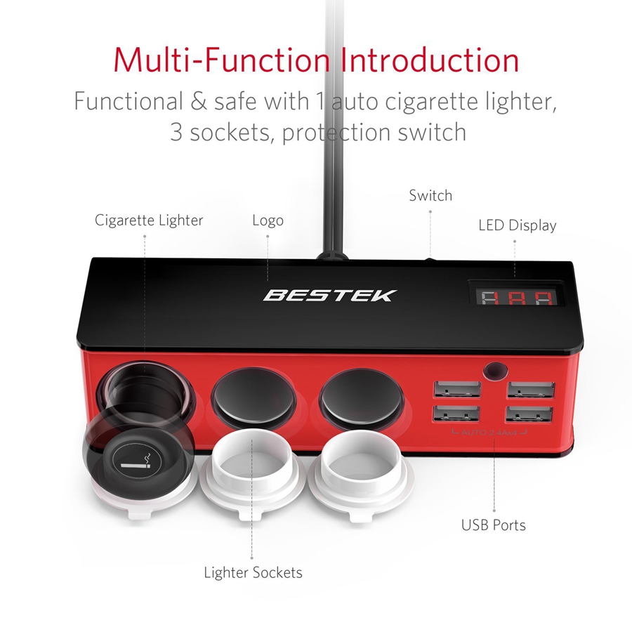 BESTEK 3-Socket Cigarette Lighter Power Adapter With 4-Port Car USB Splitter Charger - Black