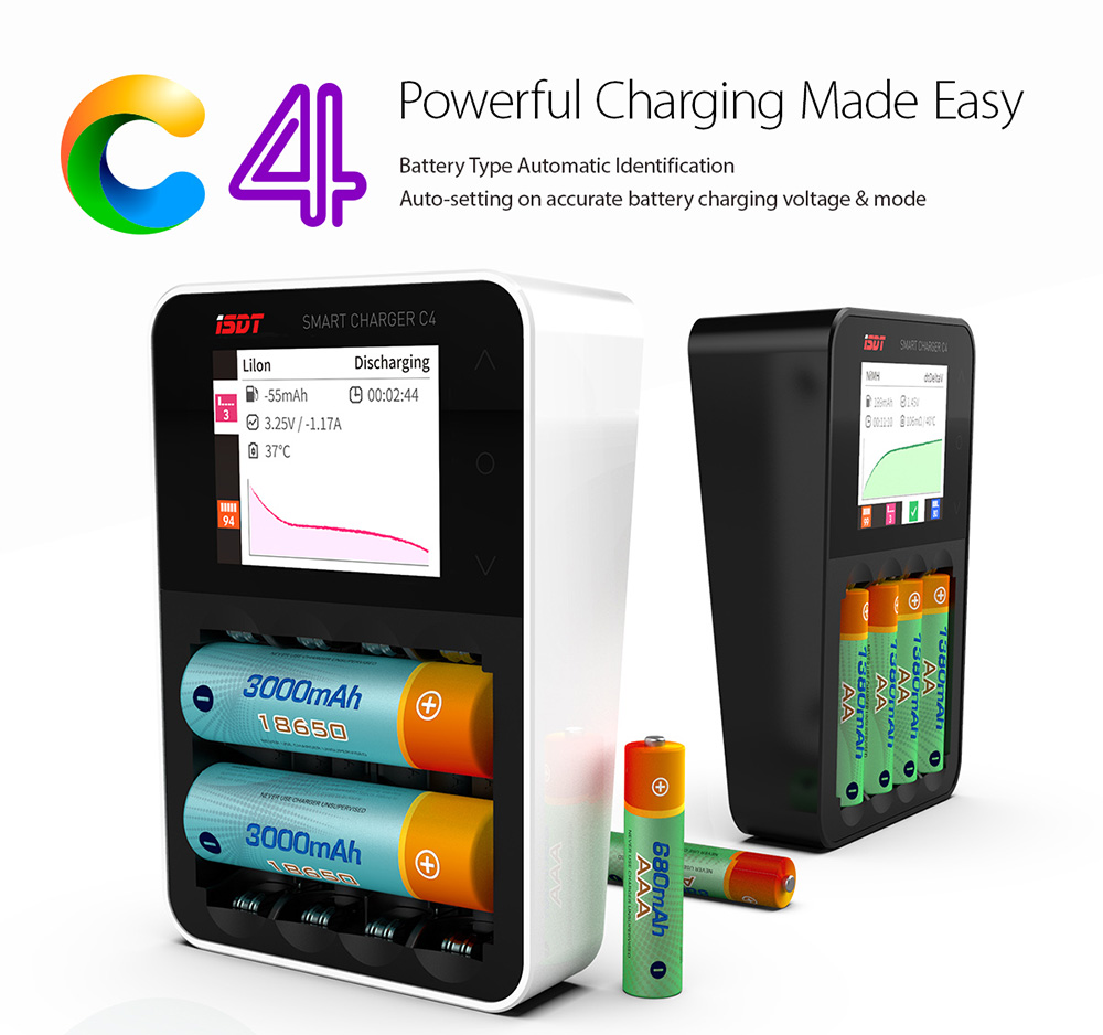 ISDT C4 Smart Charger Max Output 8A 100mA-3000mA Optional Charging Current for NiMH NiCd Li-ion Batteries - Black