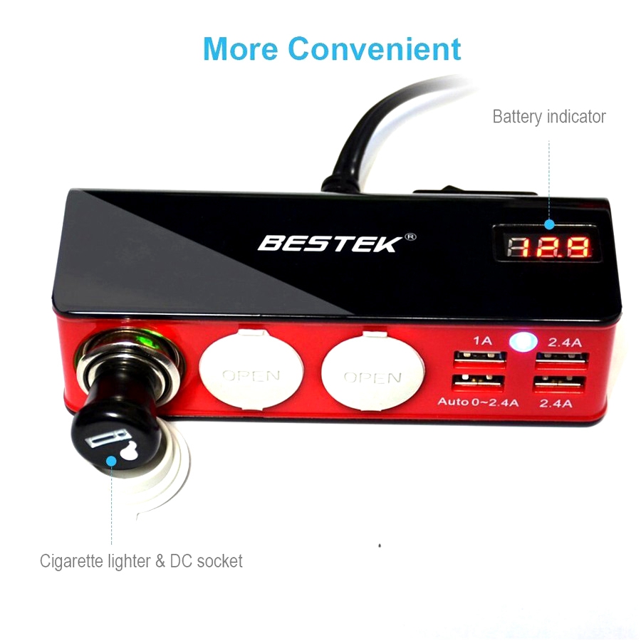 BESTEK 3-Socket Cigarette Lighter Power Adapter With 4-Port Car USB Splitter Charger - Black