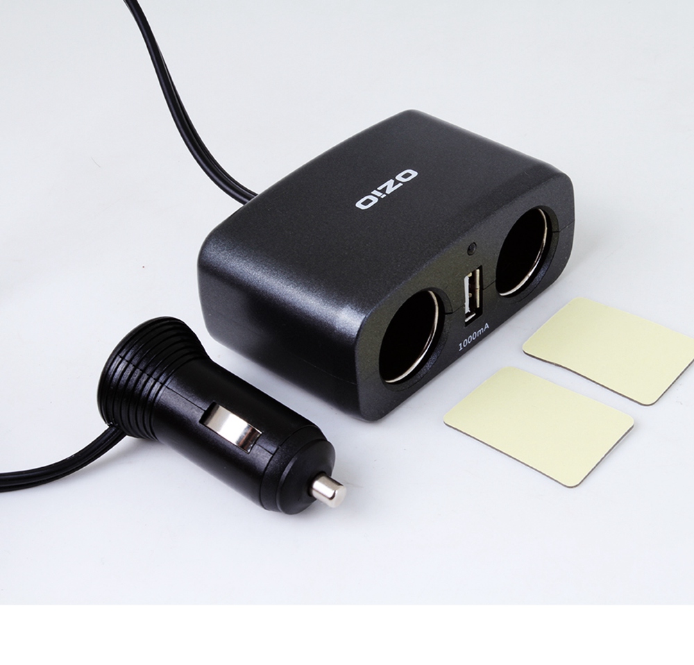 OZIO EF21 Multi-Function Car Charger 2 Sockets Car Cigarette Lighter Single USB Port Car Charger - Black