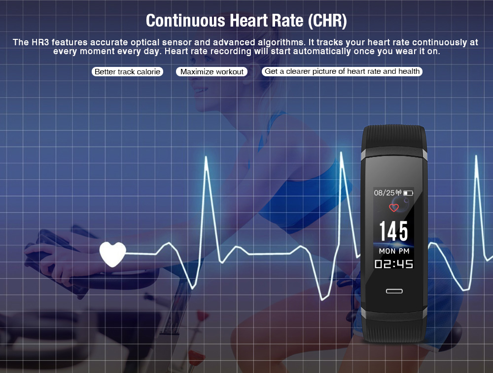 Makibes HR3 Smart Bracelet Continuous Heart Rate Monitor TFT Color Touchscreen IP67 Water Resistant Bluetooth Compatible With IOS Android - Black