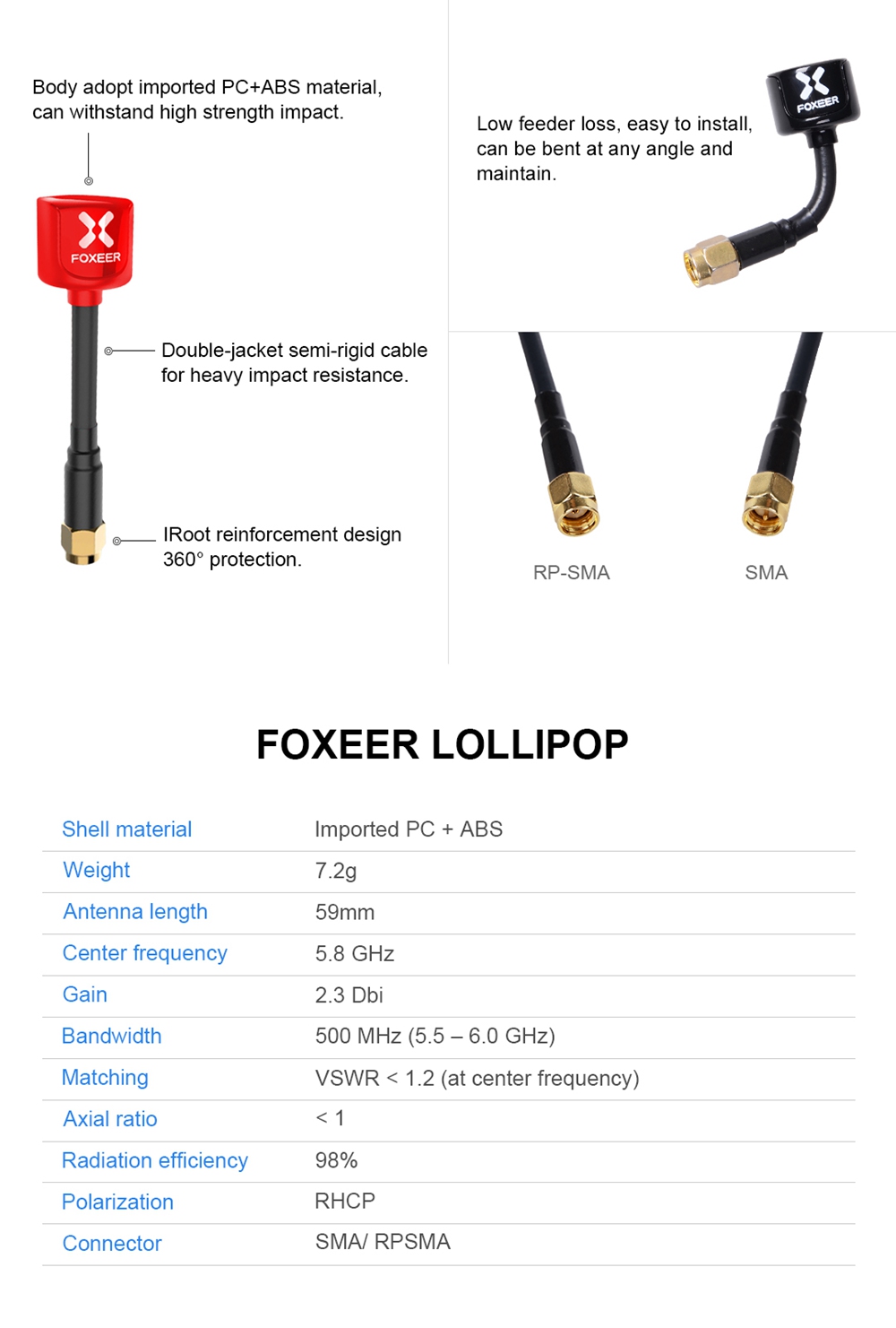 2PCS Foxeer Lollipop 5.8G 2.3dBi 59mm RHCP Mini FPV Antenna for Transmitter Receiver RP-SMA Male - Red