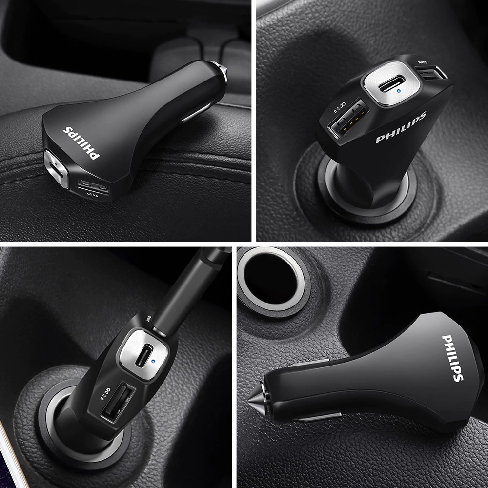Philips DLP2012 Car Charger QC 3.0 Type-C Dual USB Ports LED Indicator - Black