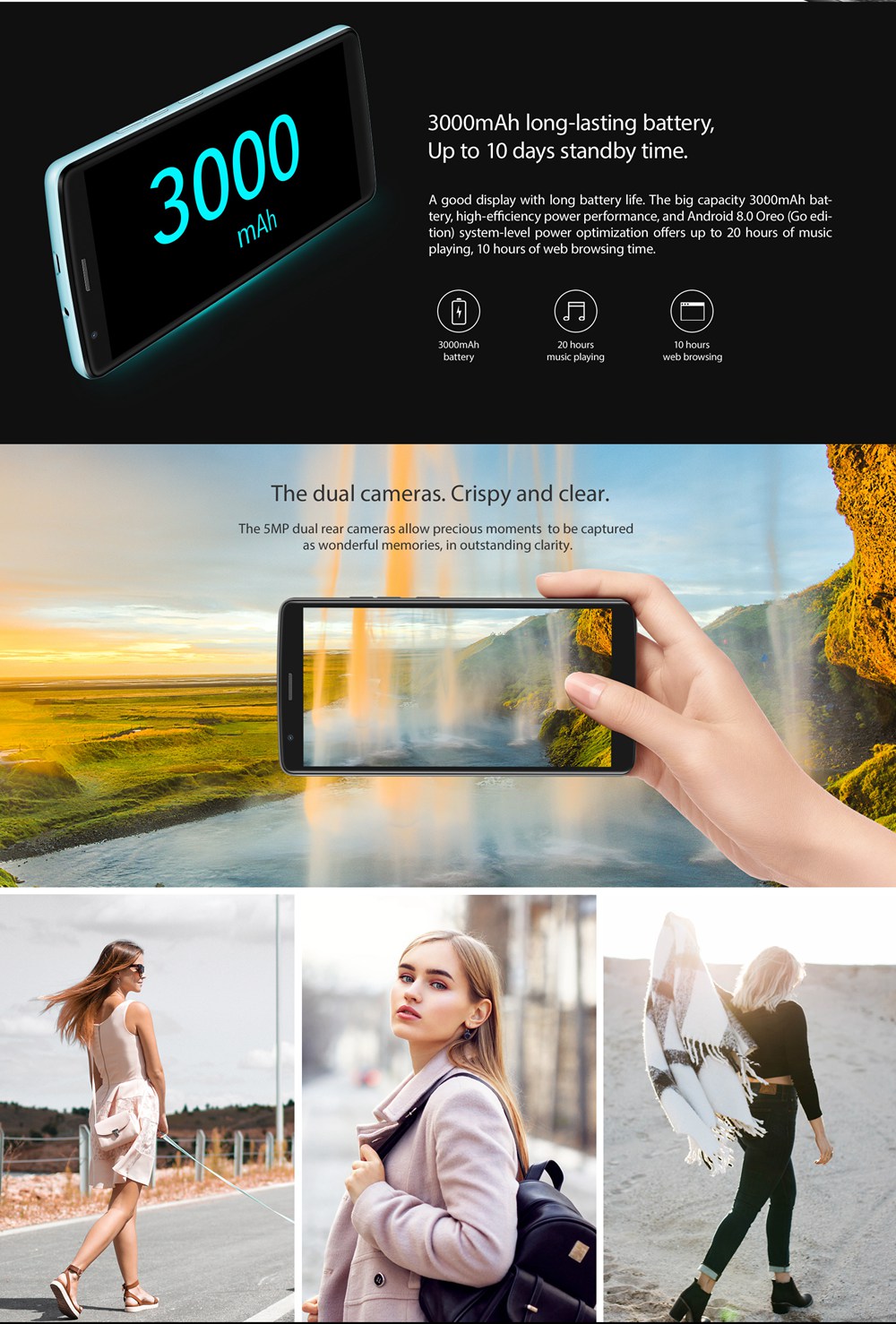 [HK Stock]Blackview A20 5.5 Inch Smartphone MTK6580M 1GB 8GB 5.0MP+0.3MP Dual Back Cameras Android Go OS 18:9 Screen - Blue