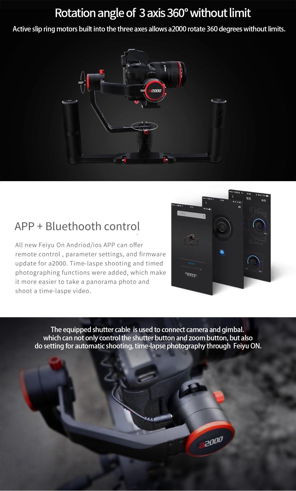 FeiyuTech A2000 3-Axis Brushless Handheld Gimbal for  Mirrorless DSLR Camera - Single Handheld