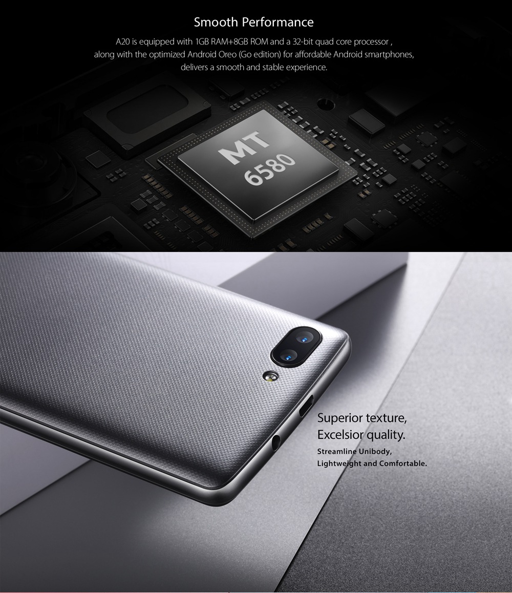 [HK Stock]Blackview A20 5.5 Inch Smartphone MTK6580M 1GB 8GB 5.0MP+0.3MP Dual Back Cameras Android Go OS 18:9 Screen - Blue