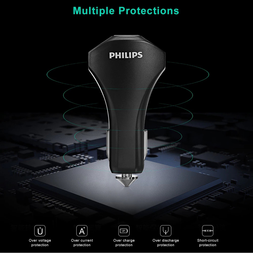 Philips DLP2012 Car Charger QC 3.0 Type-C Dual USB Ports LED Indicator - Black