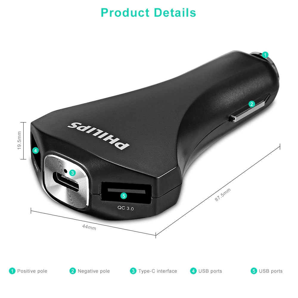 Philips DLP2012 Car Charger QC 3.0 Type-C Dual USB Ports LED Indicator - Black