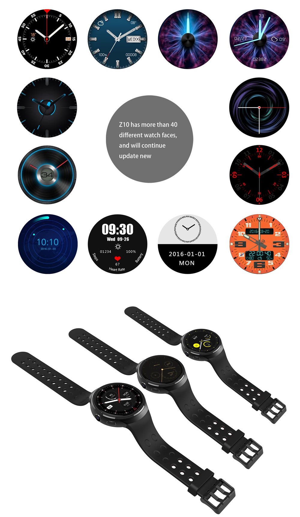 Z103G Smartwatch Phone MTK6580 Quad Core 1.3GHz Android 5.1 1GB RAM 16GB ROM GPS Bluetooth 4.0 - Black