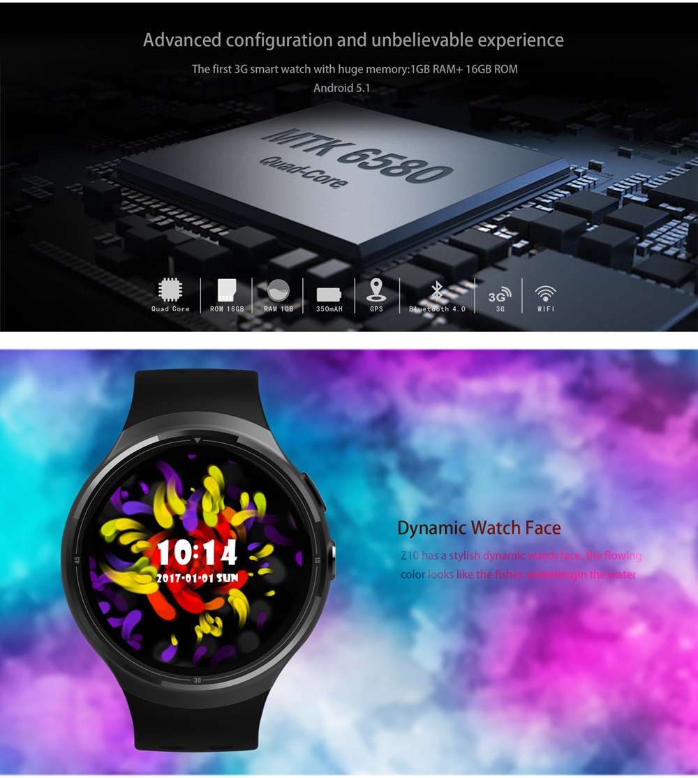 Z103G Smartwatch Phone MTK6580 Quad Core 1.3GHz Android 5.1 1GB RAM 16GB ROM GPS Bluetooth 4.0 - Black