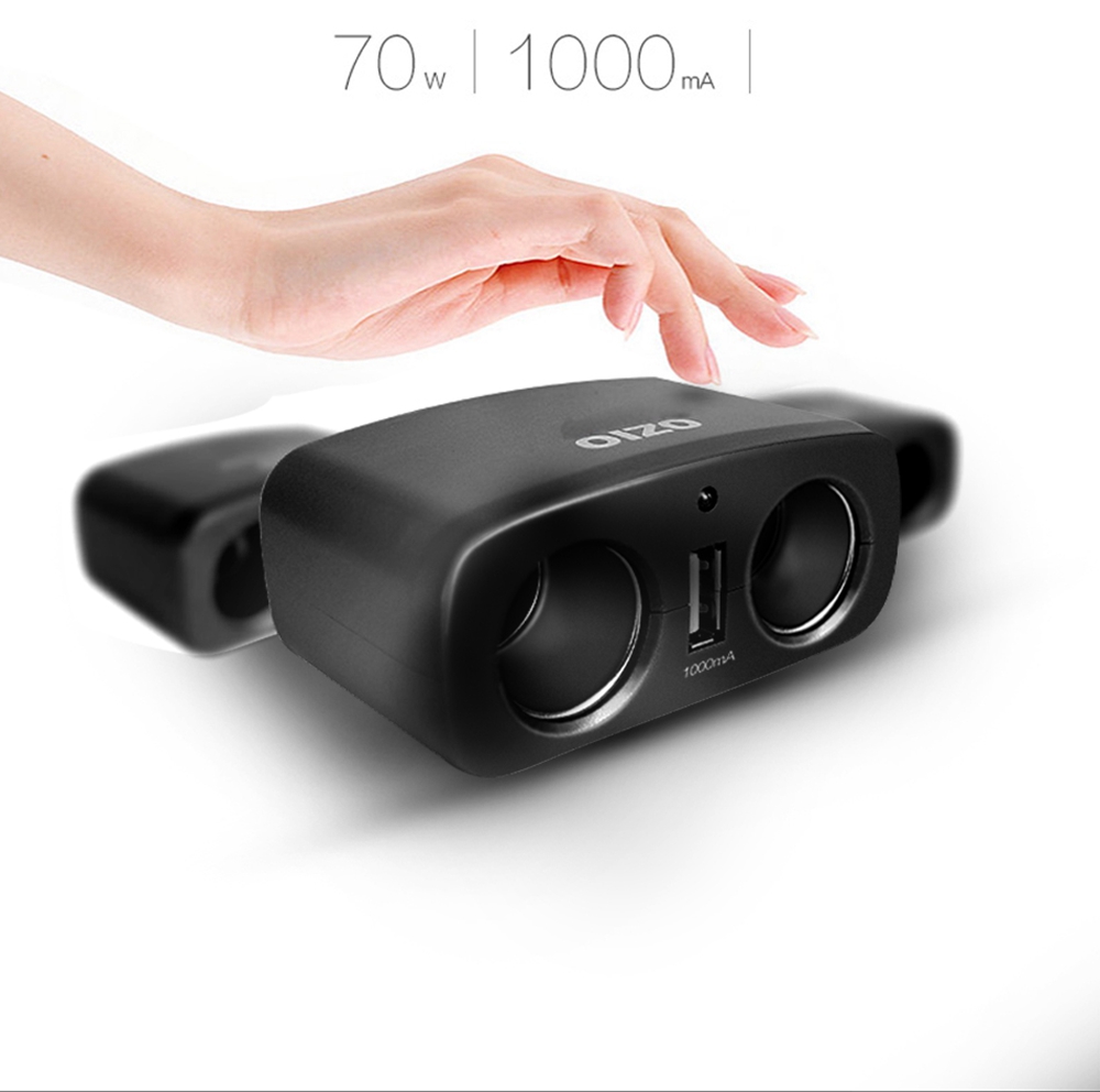 OZIO EF21 Multi-Function Car Charger 2 Sockets Car Cigarette Lighter Single USB Port Car Charger - Black