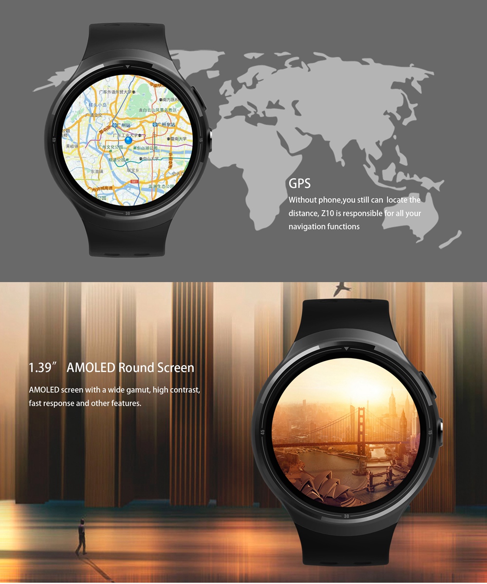 Z103G Smartwatch Phone MTK6580 Quad Core 1.3GHz Android 5.1 1GB RAM 16GB ROM GPS Bluetooth 4.0 - Black
