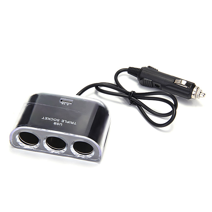 12V/24V DC 3 Way Socket Adapter With USB Interfaced Charger For Phones PSP IPhone - Black