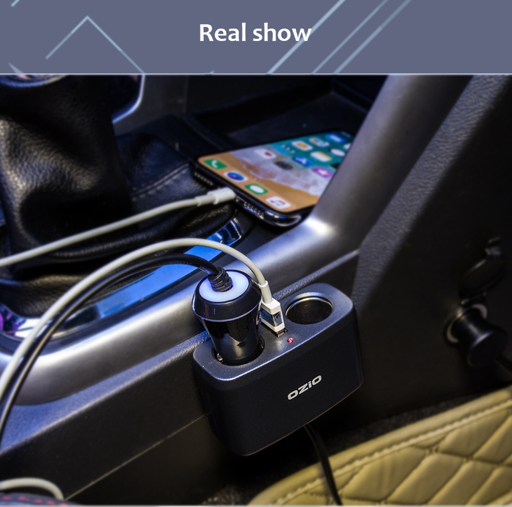 OZIO EF21 Multi-Function Car Charger 2 Sockets Car Cigarette Lighter Single USB Port Car Charger - Black