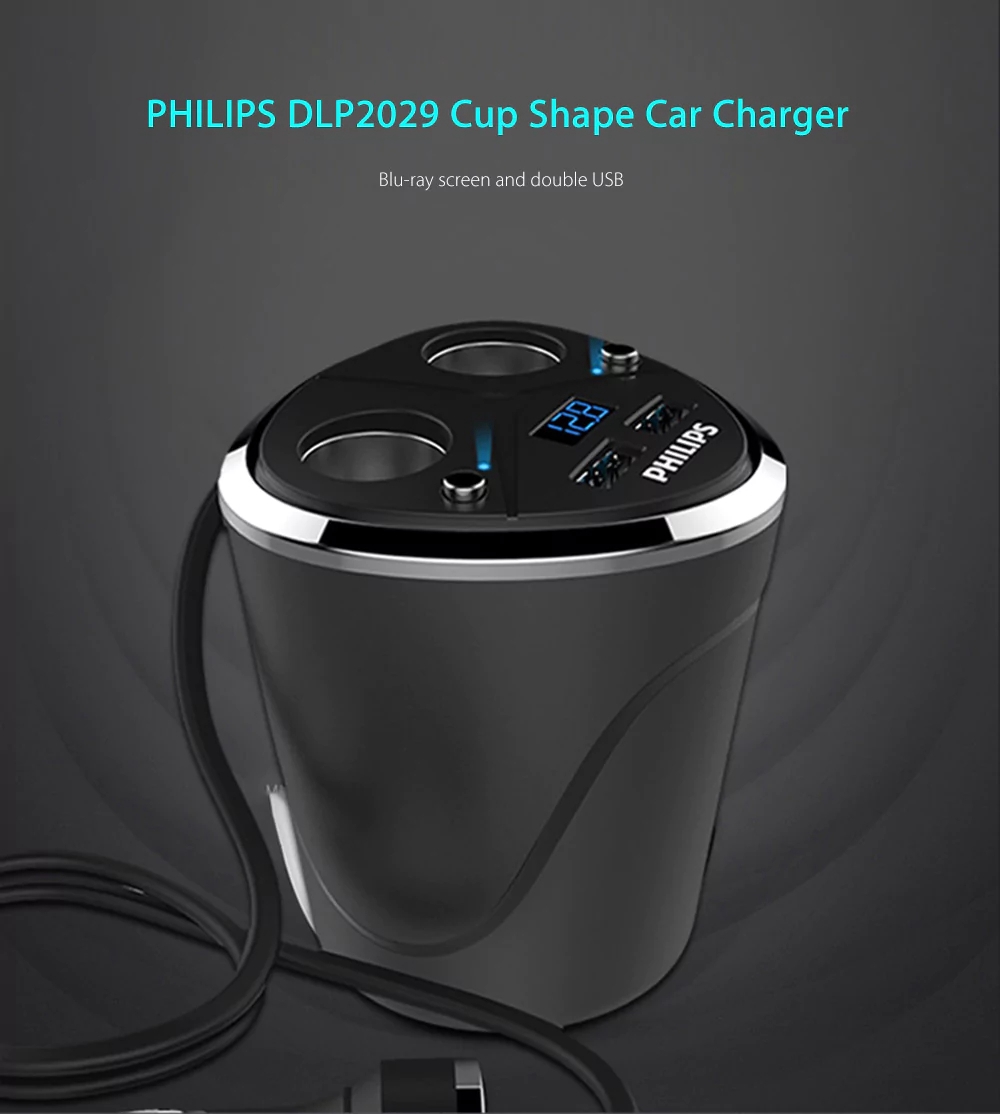 Philips DLP2029 Car Charger Multifunctional Cup Shape Cigarette Lighter 2 Sockets Double USB Ports LED Indicator - Black