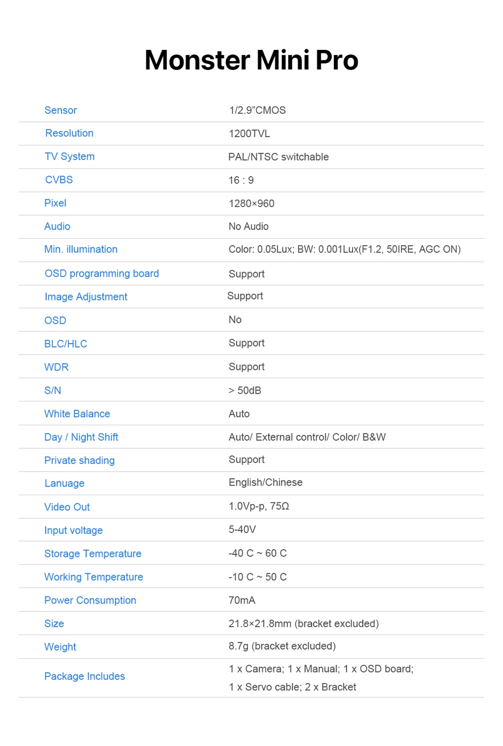 Foxeer Monster Mini Pro 1200TVL FPV Camera - Black