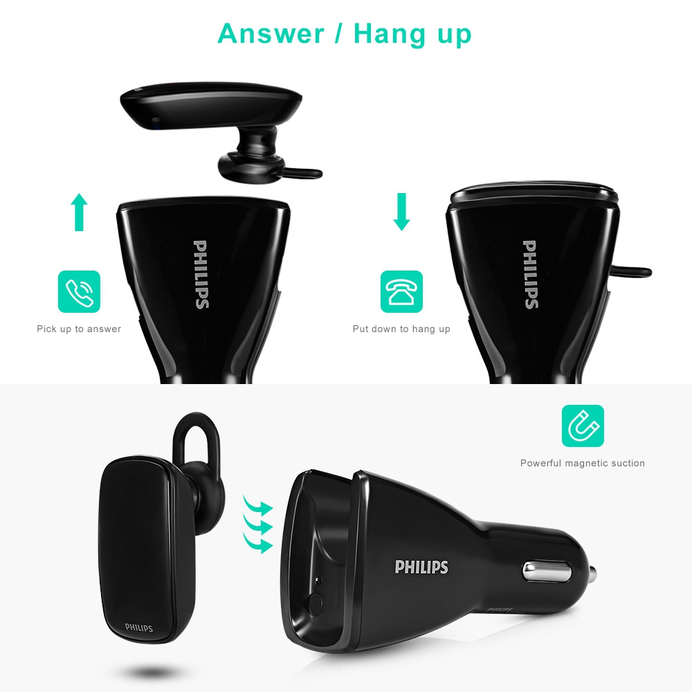 Philips SHB1801 Car Charger And Bluetooth Headset Kit 2.4A Single USB Port - Black