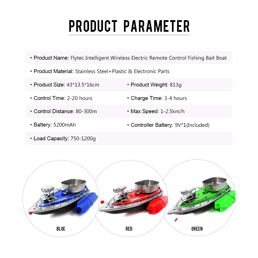 Flytec 3 Generation Intelligent Fishing Bait RC Boat with 1.2KG Max Loading LED Light - Green