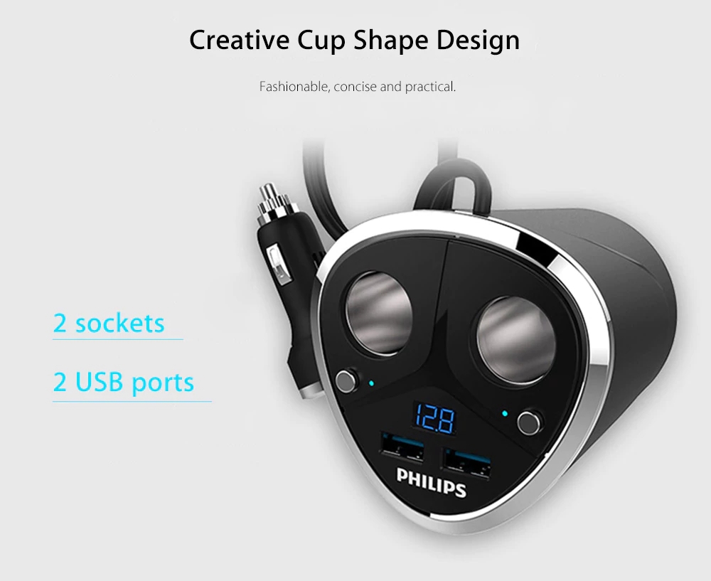 Philips DLP2029 Car Charger Multifunctional Cup Shape Cigarette Lighter 2 Sockets Double USB Ports LED Indicator - Black