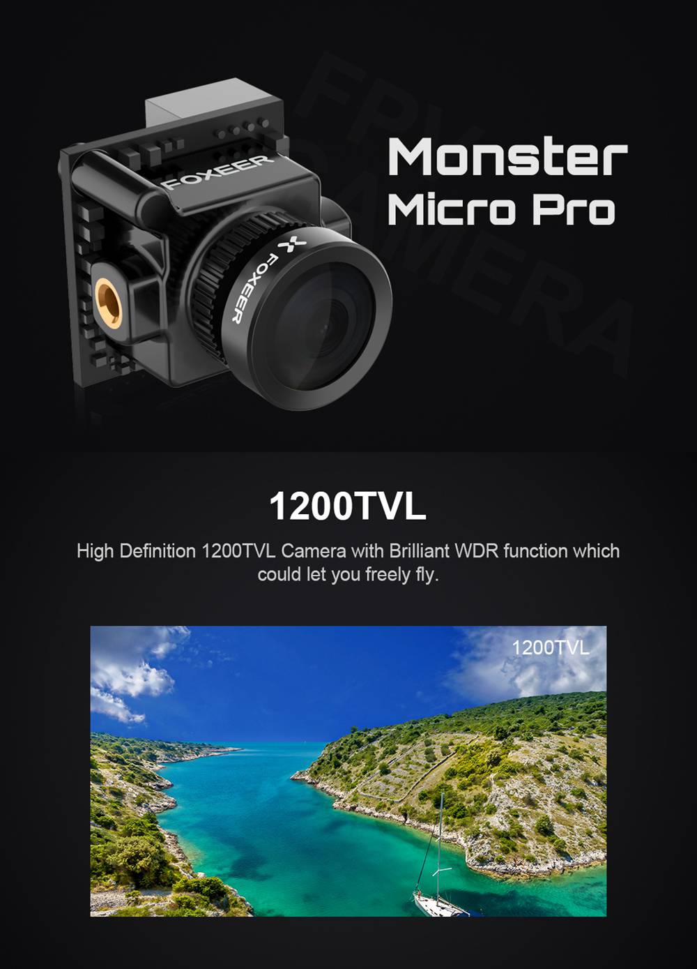 Foxeer Monster Micro Pro WDR 1200TVL 1.8mm 1/2.9" CMOS Sensor 16:9 5-40V Wide Voltage FPV Camera N/P Switchable - Red
