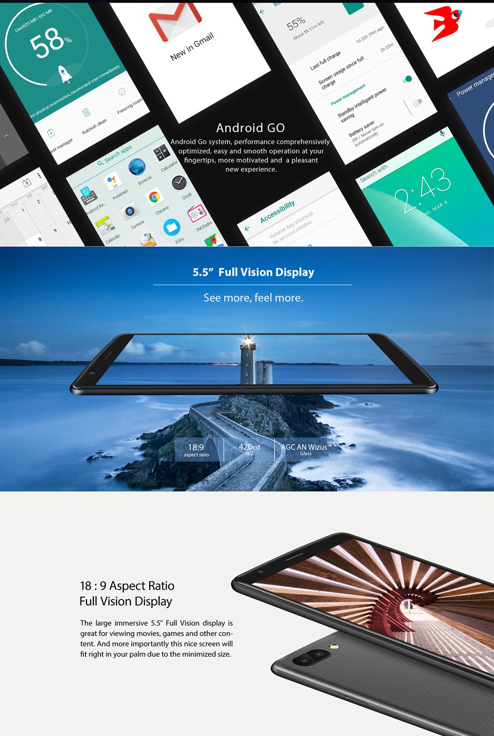[HK Stock]Blackview A20 5.5 Inch Smartphone MTK6580M 1GB 8GB 5.0MP+0.3MP Dual Back Cameras Android Go OS 18:9 Screen - Blue