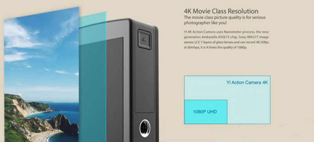 Xiaomi YI 4K Action Camera 2.19' Retina Screen Ambarella A9SE75 Sony IMX377 12MP 155 Angle Wide 1400mAh EIS - Black