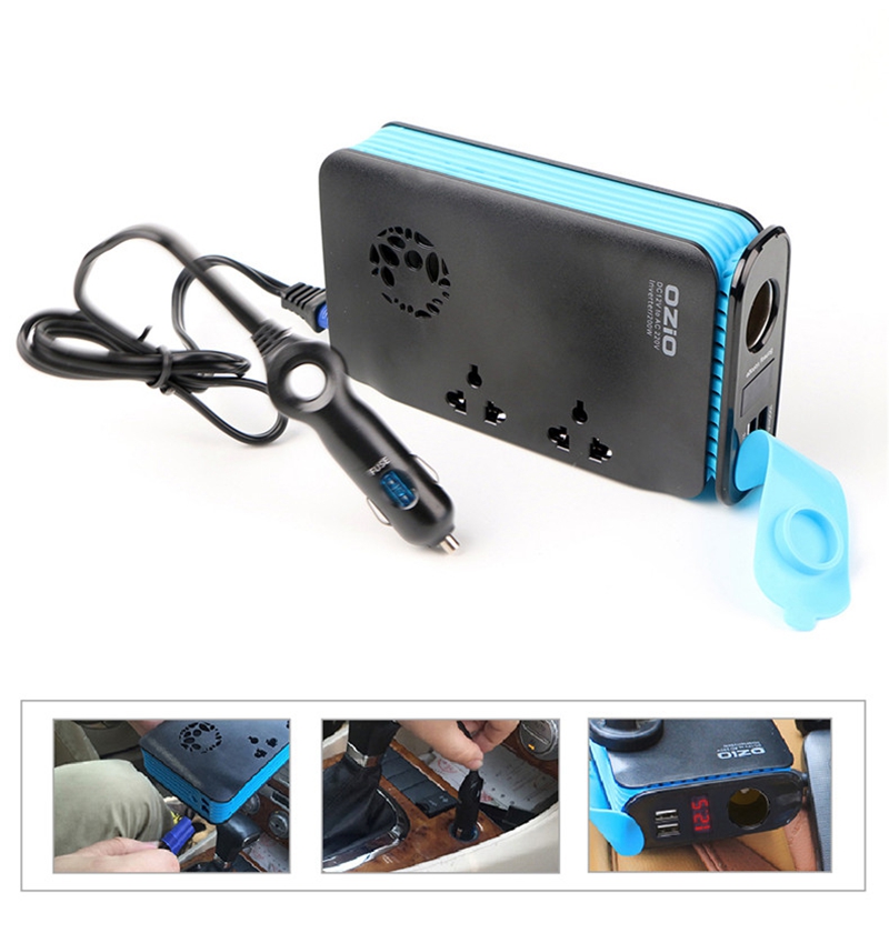 OZIO LB20A Car Inverter DC 12V To 220V AC 200W Car Charger Dual USB Ports Car Socket With Cigarette Lighter - Black