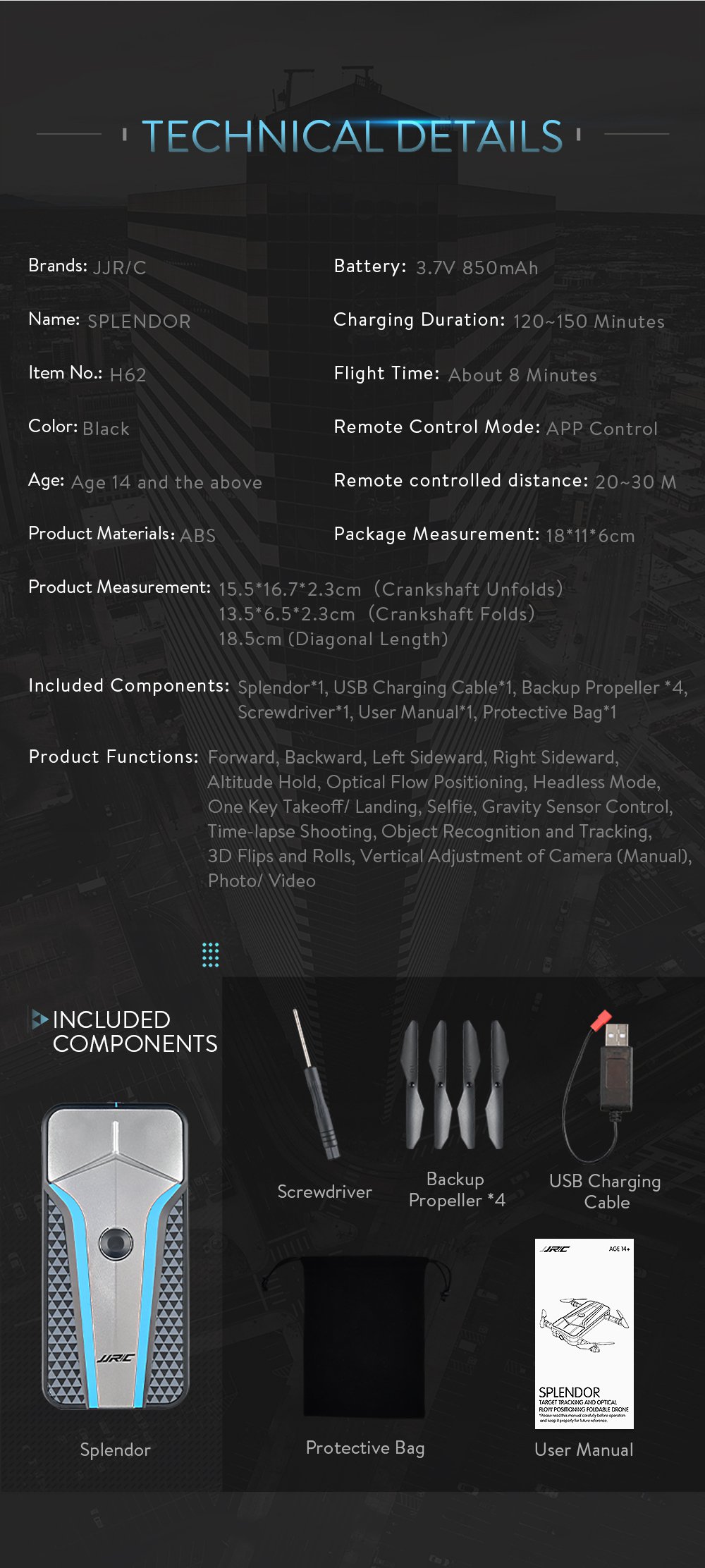 JJRC H62 SPLENDOR Aoto-Fllow WIFI FPV Foldable Drone with HD 720P Camera Optical Flow Positioning RC Quadcopter