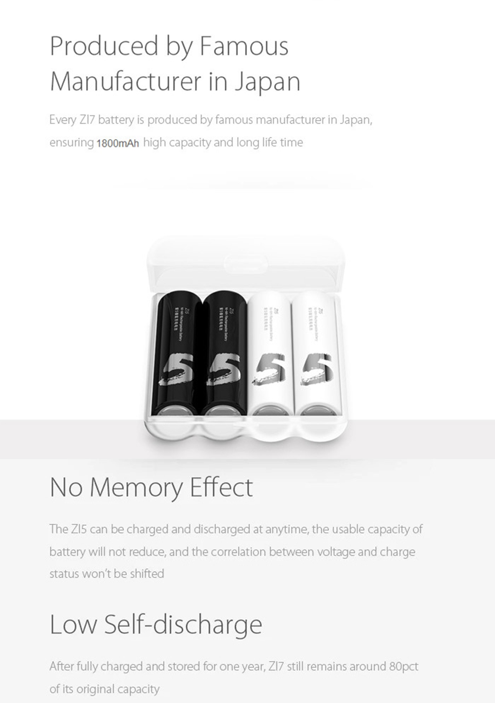 4Pcs Xiaomi ZI5 AA /No.5 1.2V 1800 mAh Ni-MH Rechargeable Battery - Black and White