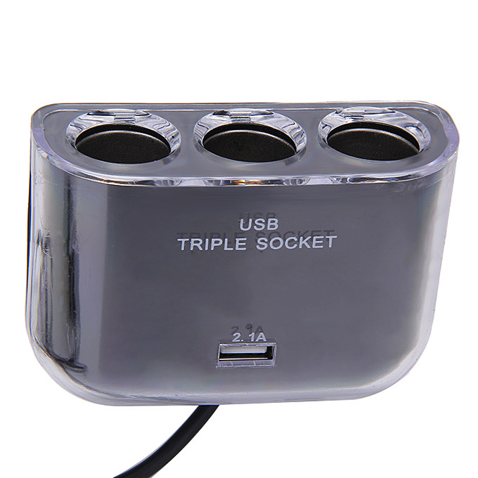 12V/24V DC 3 Way Socket Adapter With USB Interfaced Charger For Phones PSP IPhone - Black