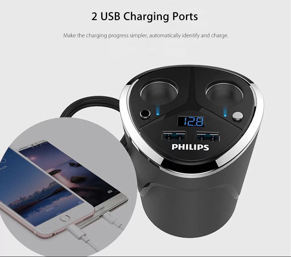 Philips DLP2029 Car Charger Multifunctional Cup Shape Cigarette Lighter 2 Sockets Double USB Ports LED Indicator - Black
