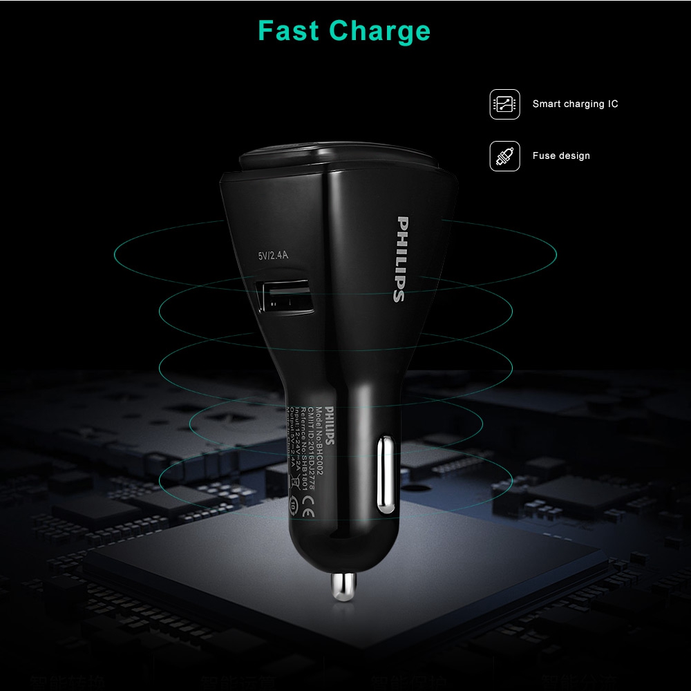 Philips SHB1801 Car Charger And Bluetooth Headset Kit 2.4A Single USB Port - Black