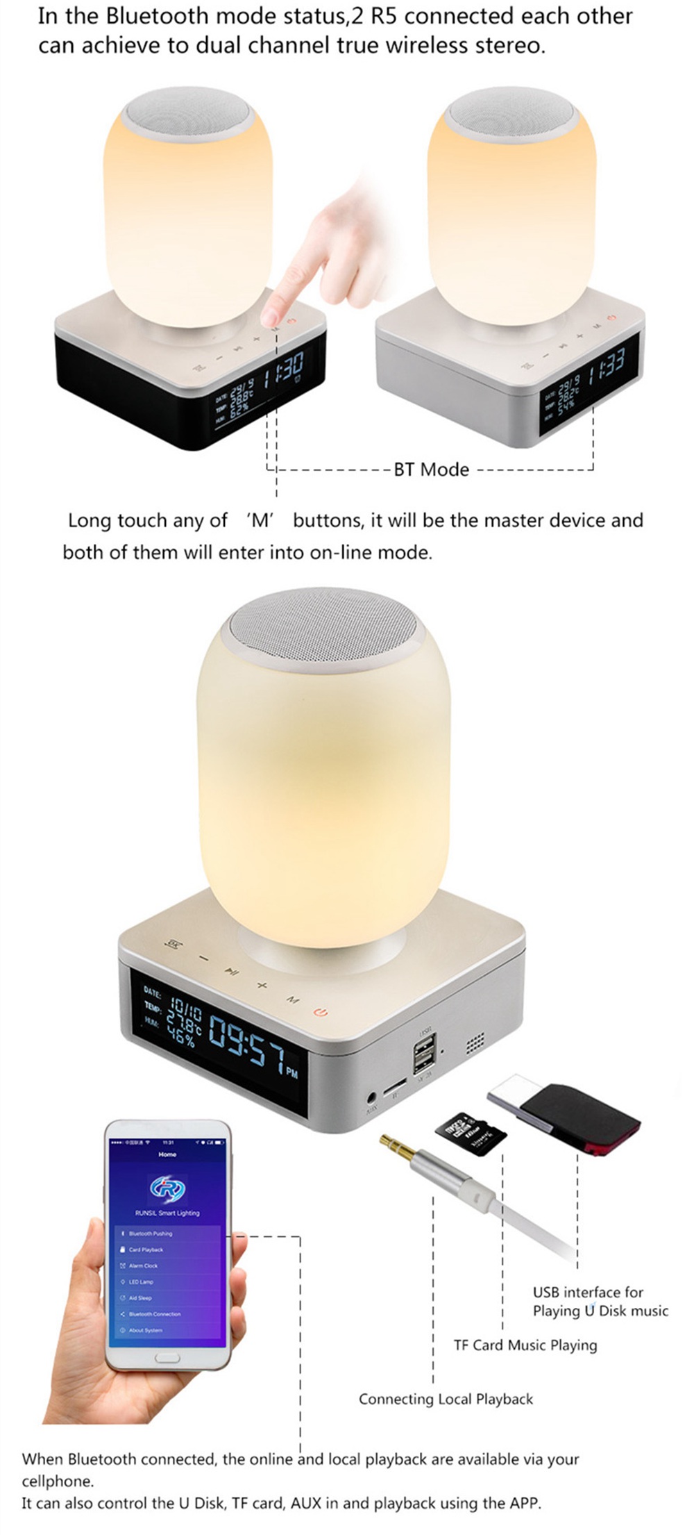 Table Lamp Wireless Bluetooth Speaker Light-RGB App Smart Control Bedside Lamp