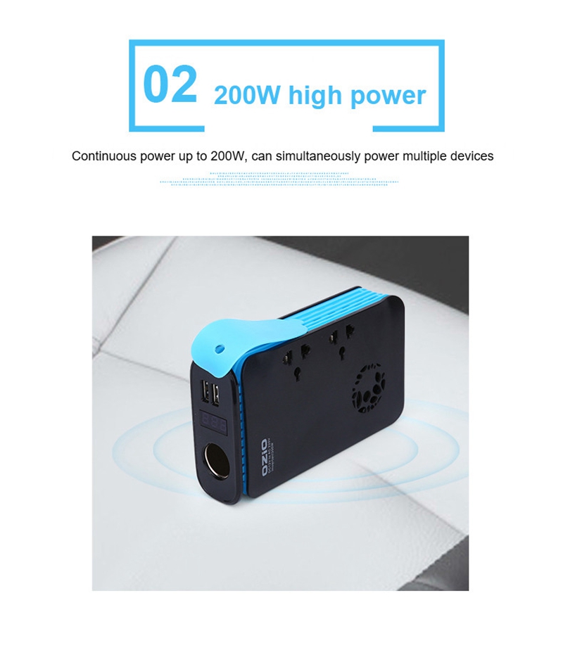 OZIO LB20A Car Inverter DC 12V To 220V AC 200W Car Charger Dual USB Ports Car Socket With Cigarette Lighter - Black