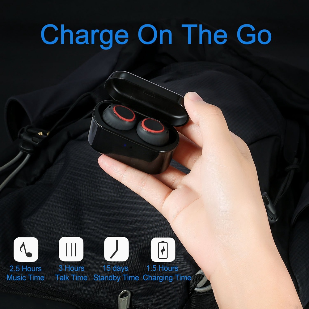 HV-358 TWS Bluetooth Mini Earphones Double Ear Stereo Earbuds with Mic Charging Box - Black
