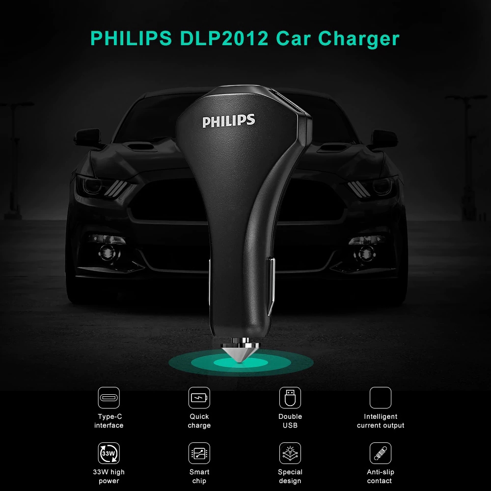 Philips DLP2012 Car Charger QC 3.0 Type-C Dual USB Ports LED Indicator - Black
