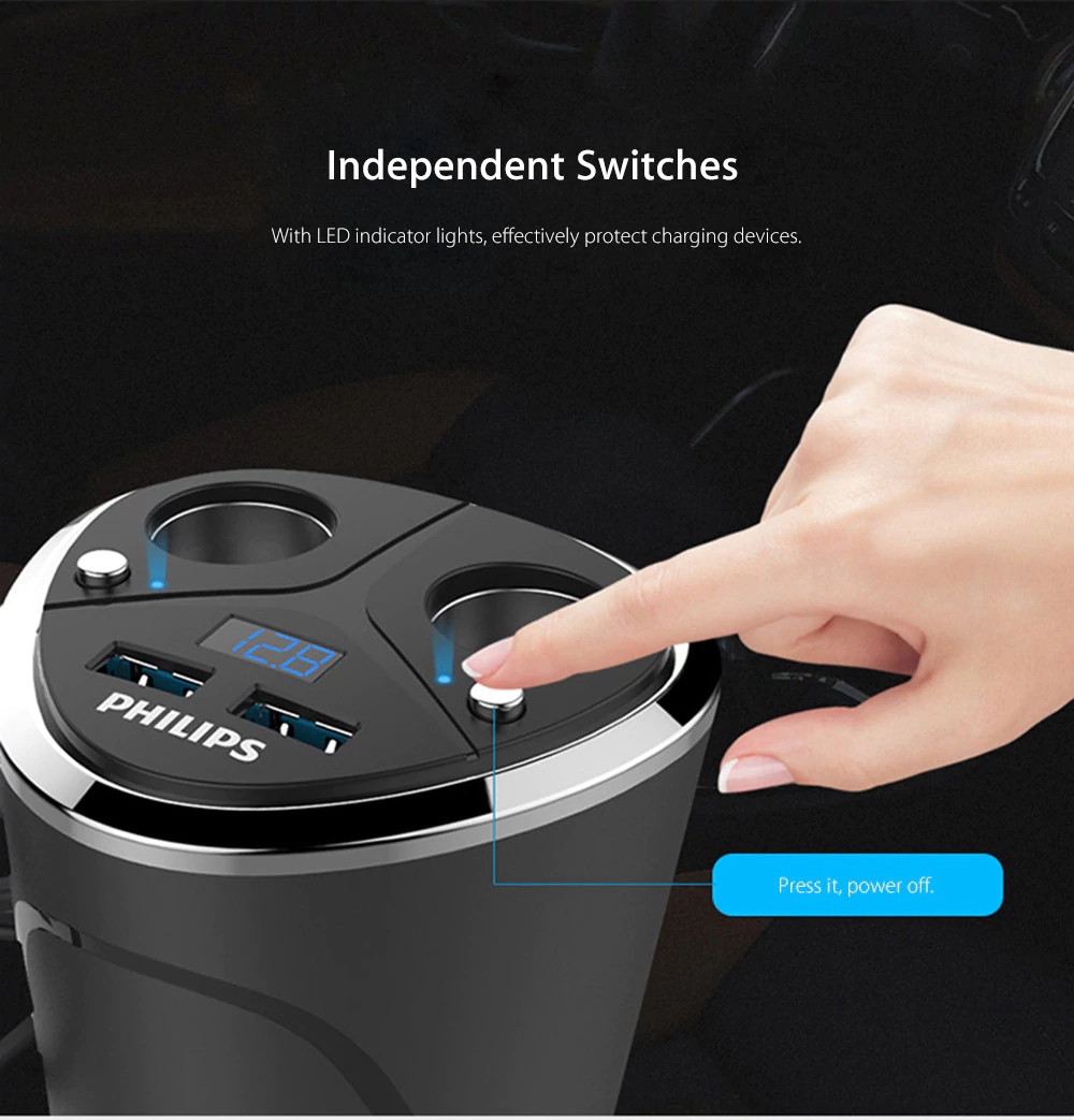Philips DLP2029 Car Charger Multifunctional Cup Shape Cigarette Lighter 2 Sockets Double USB Ports LED Indicator - Black