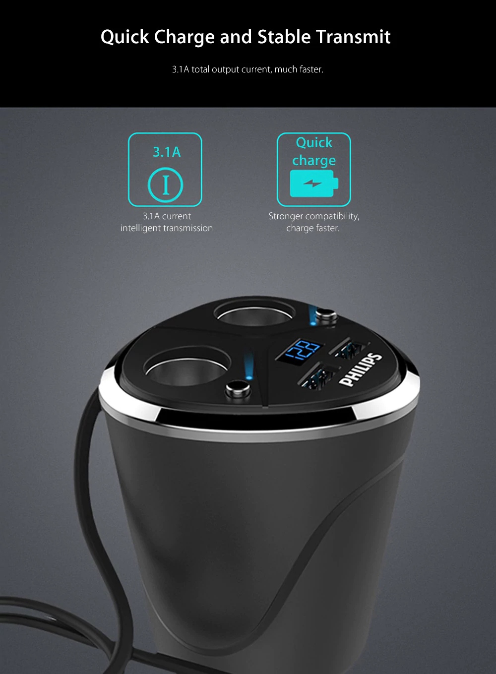 Philips DLP2029 Car Charger Multifunctional Cup Shape Cigarette Lighter 2 Sockets Double USB Ports LED Indicator - Black