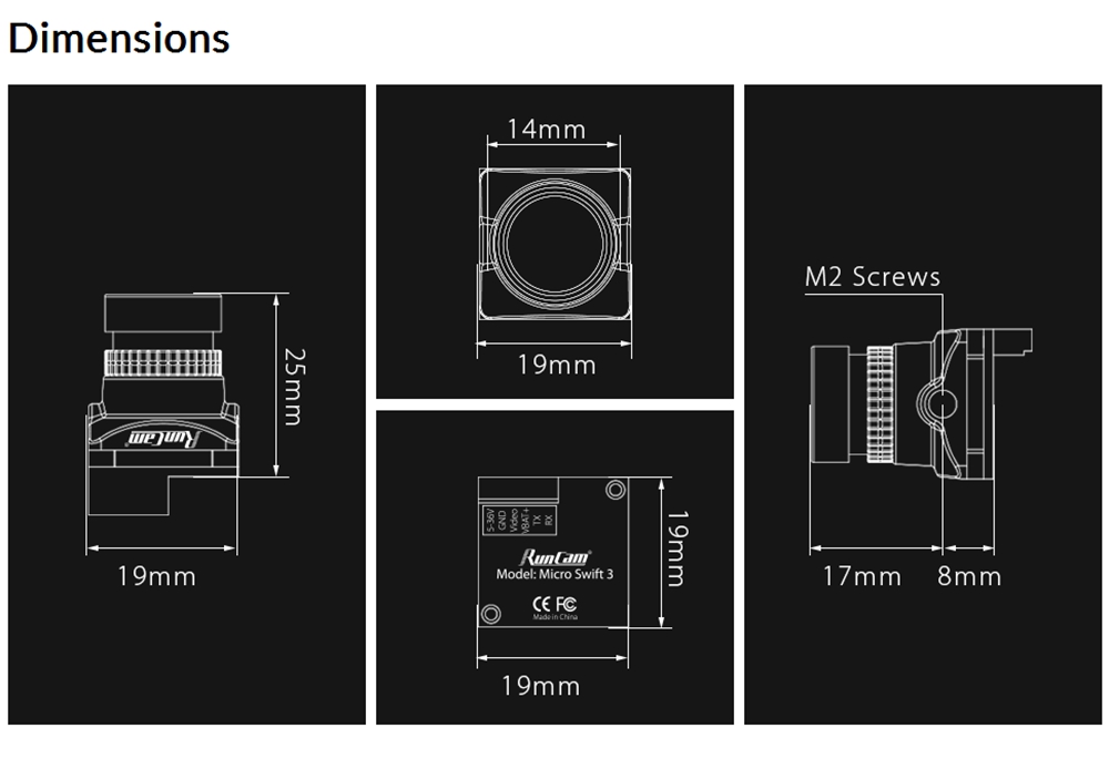 RunCam Micro Swift 3 OSD FPV Camera 600TVL 1/3" SONY Super HAD II CCD Sensor 2.1mm FOV 165 Degree - NTSC