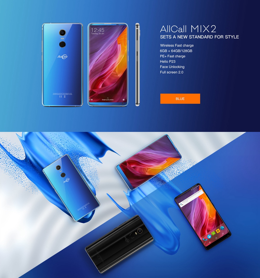 AllCall MIX 2 5.99 Inch 4G Smartphone MTK6763 6GB 64GB 16.0MP Back Camera Android 7.1 Face ID 18:9 Screen - Blue