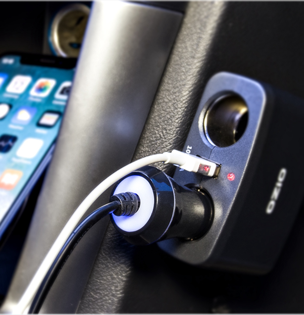 OZIO EF21 Multi-Function Car Charger 2 Sockets Car Cigarette Lighter Single USB Port Car Charger - Black