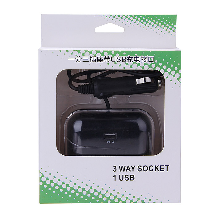 12V/24V DC 3 Way Socket Adapter With USB Interfaced Charger For Phones PSP IPhone - Black