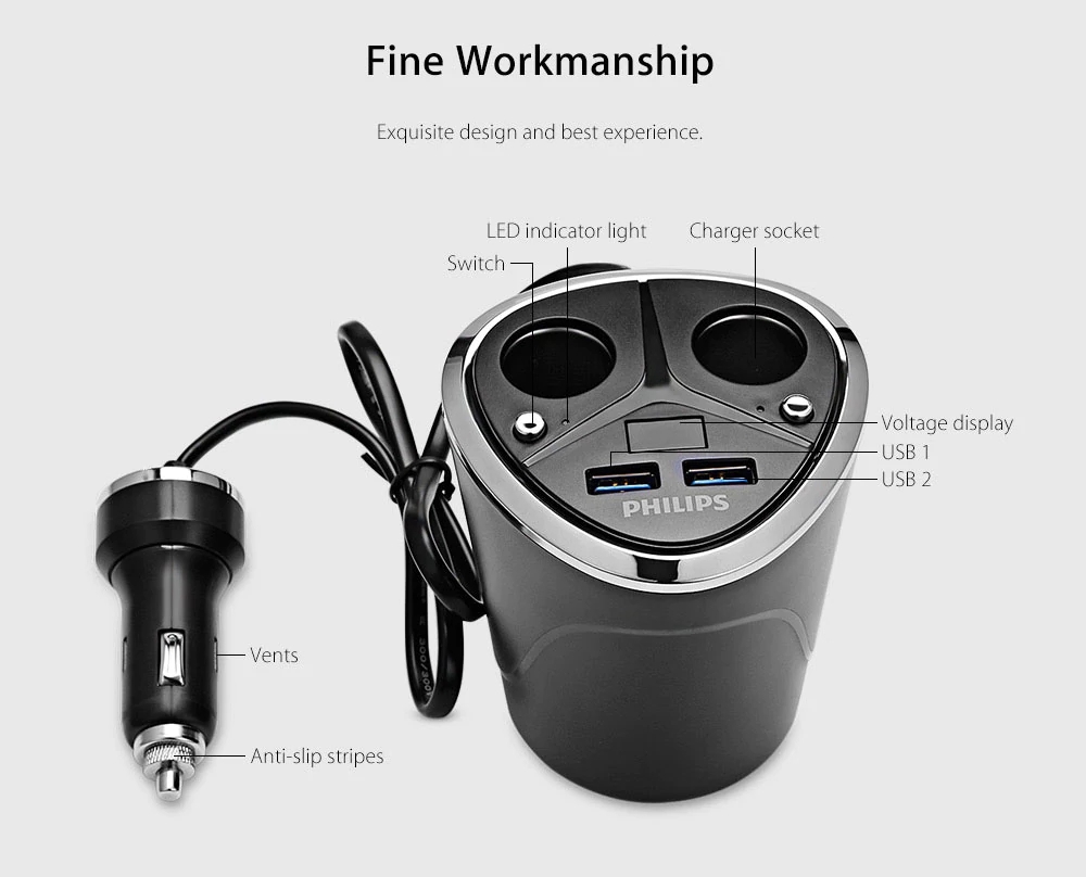 Philips DLP2029 Car Charger Multifunctional Cup Shape Cigarette Lighter 2 Sockets Double USB Ports LED Indicator - Black