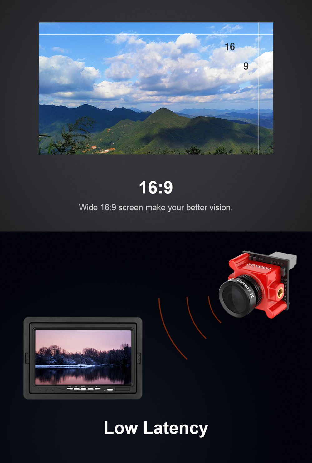 Foxeer Monster Micro Pro WDR 1200TVL 1.8mm 1/2.9" CMOS Sensor 16:9 5-40V Wide Voltage FPV Camera N/P Switchable - Red