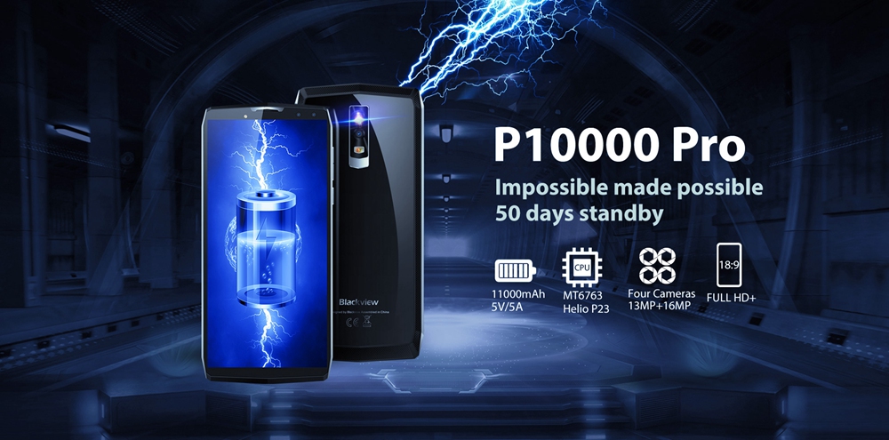 [HK Stock]Blackview P10000 Pro  5.99 Inch Smartphone MT6763 4GB 64GB 16.0MP+0.3MP Dual Rear Cameras Android 7.1 OS 11000mAh Battery - Silver Black