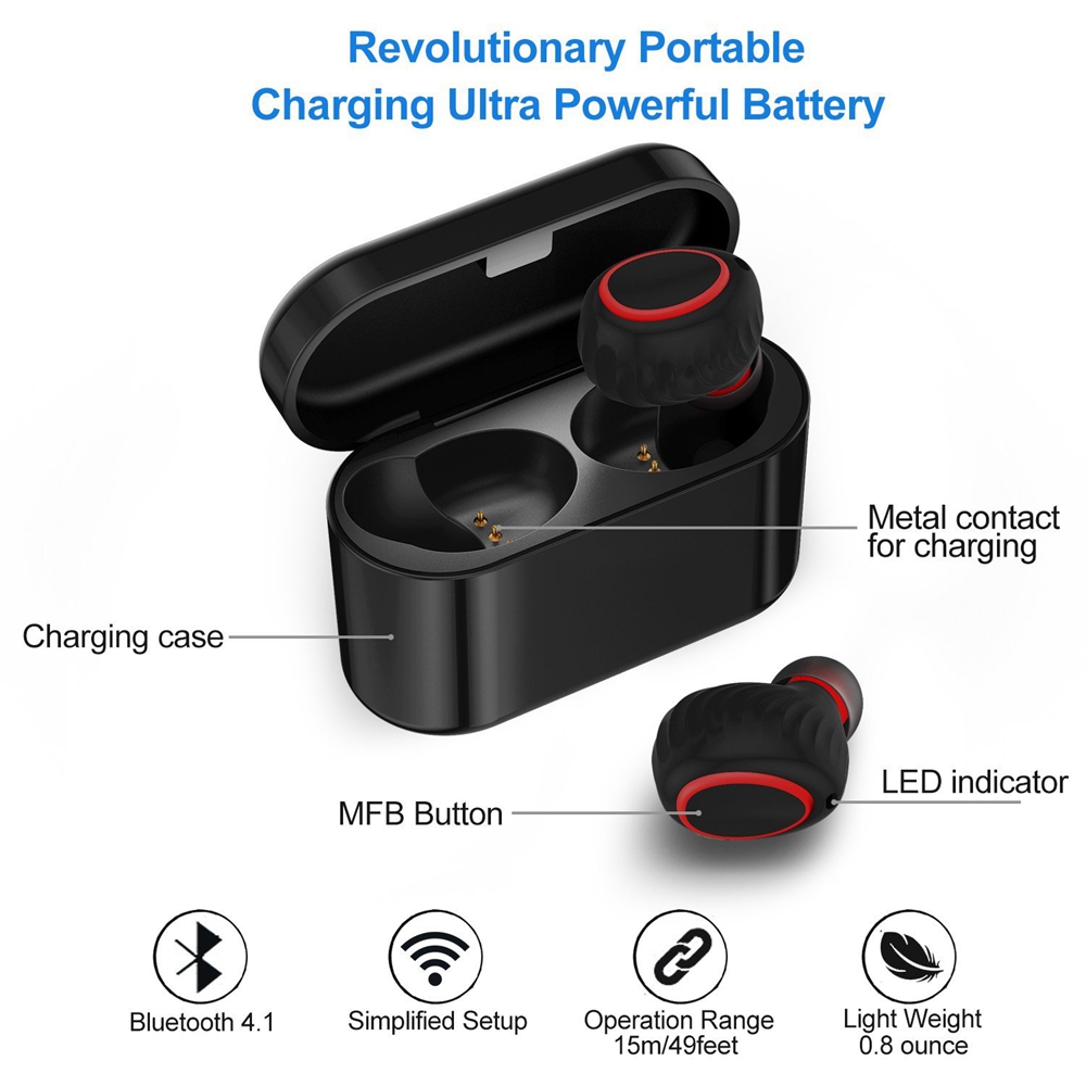 HV-358 TWS Bluetooth Mini Earphones Double Ear Stereo Earbuds with Mic Charging Box - Black