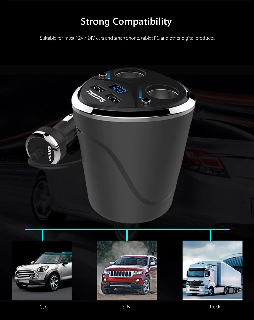 Philips DLP2029 Car Charger Multifunctional Cup Shape Cigarette Lighter 2 Sockets Double USB Ports LED Indicator - Black