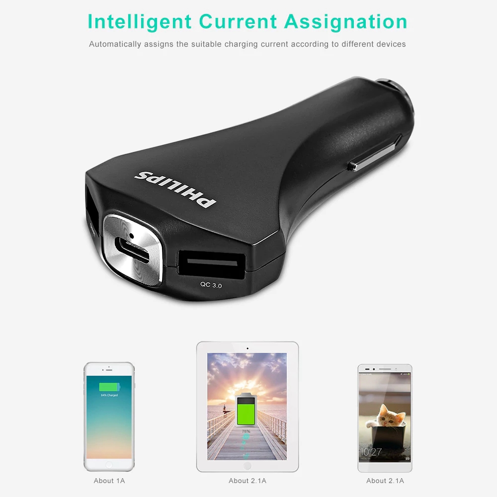 Philips DLP2012 Car Charger QC 3.0 Type-C Dual USB Ports LED Indicator - Black